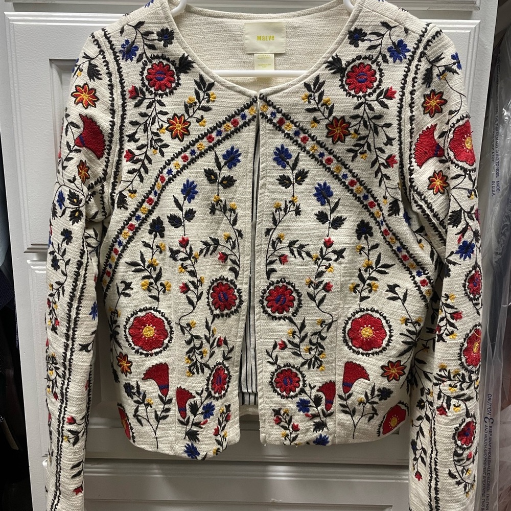 Maeve Floral Embroidered Blazer - Cream and Red